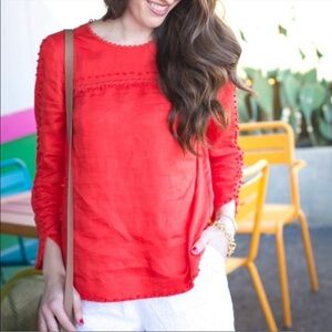 J CREW Pom Pom Linen Longsleeve Blouse Size 00 Bright Red Coral